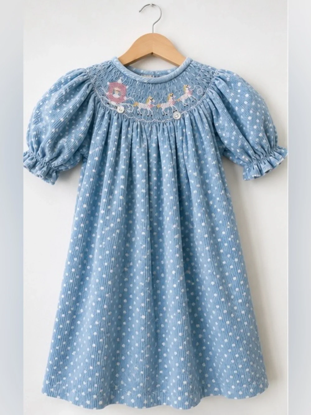 Amanda Remembered 18M Hand Smocked Cinderella Corduroy Dress Blue Polka Dot
